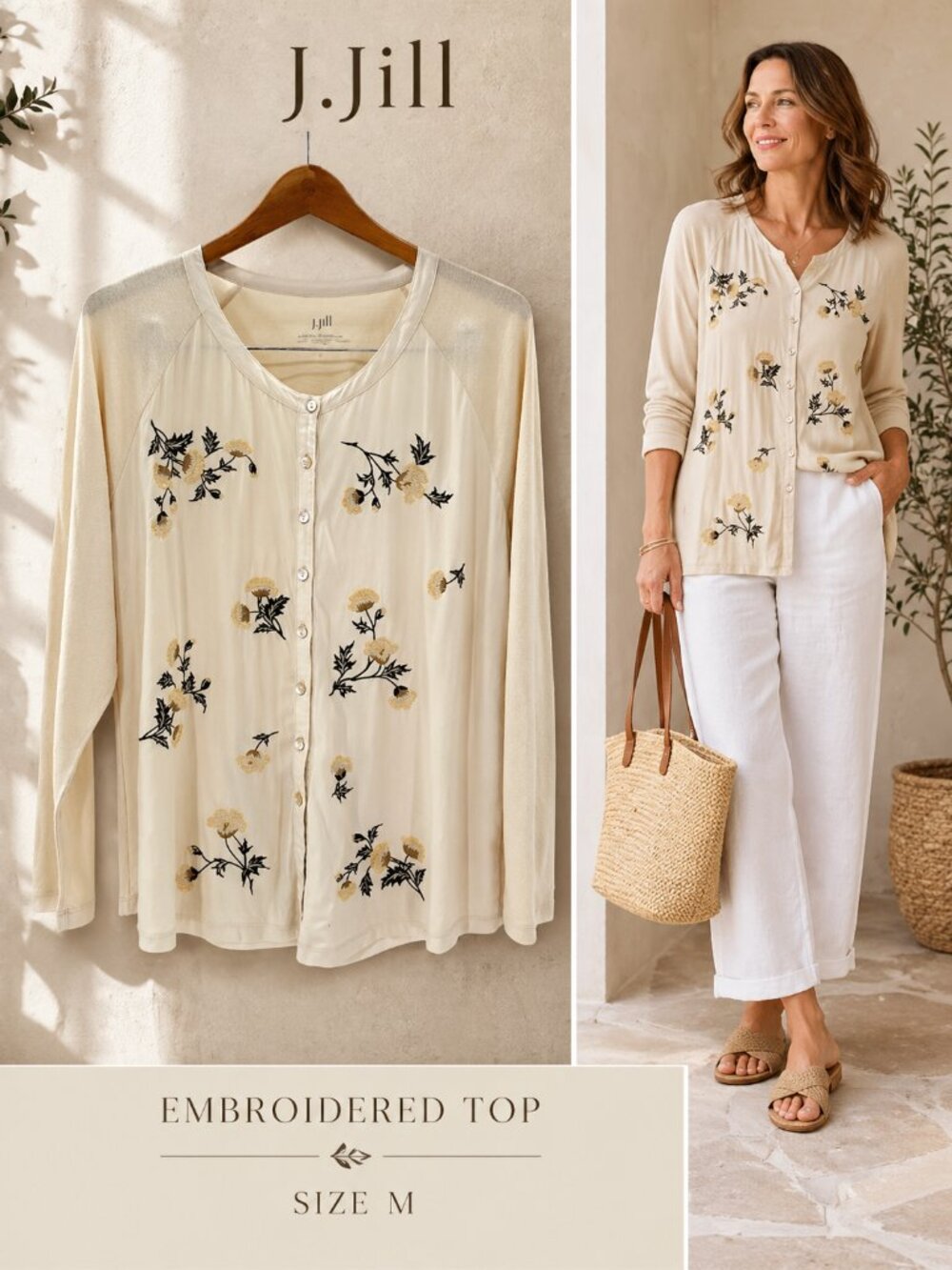 J.Jill Embroidered Rayon Modal Button Front Top Cream Beige Womens Medium